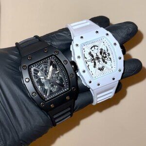 Men's 42mm Black White Skeleton Luxury Hiphop Rubber Strap Tonneau Watch